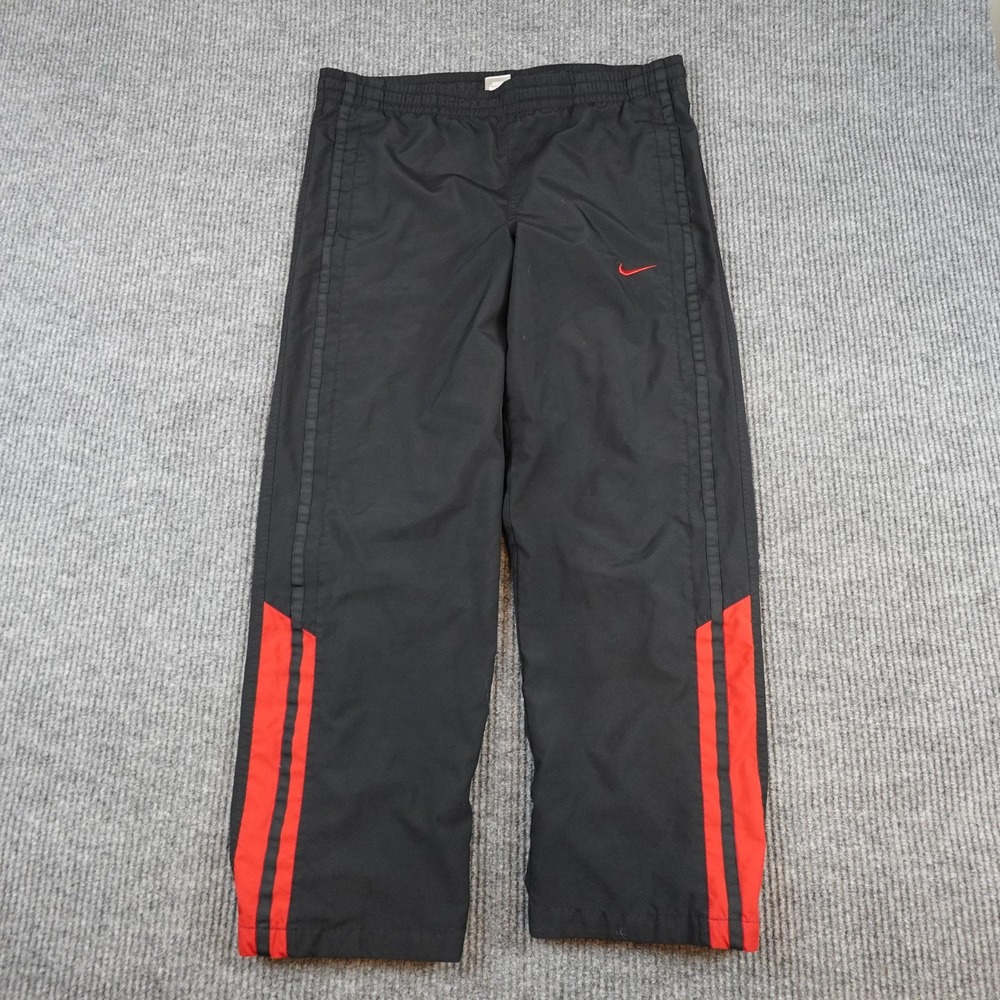 Vintage Nike Track Pants Mens Medium Black Woven Baggy Lined Red Stripe